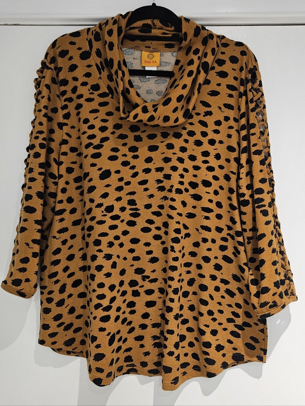 Ruby Rd. Animal Print Cowl Neck Top with Lattice Sleeves - Size XL